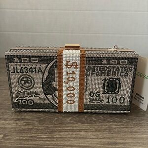 Caleesa Money Clutch Rhinestone Purse Detachable Gold Chain NWT Bling